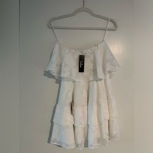Lulus Strapless White Ruffle Dress with Floral Design